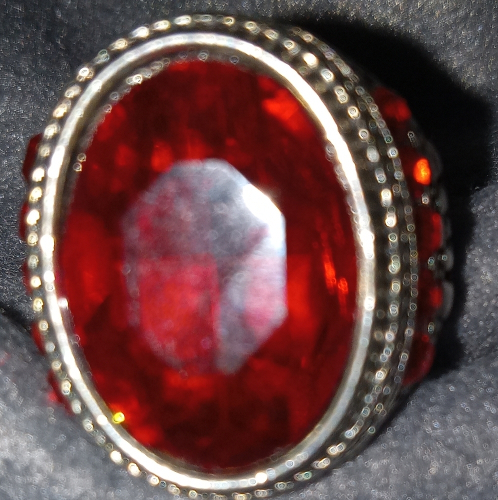 Large  Red glass  And Silver Plated costume ring Size 8 Gothic/biker Style
